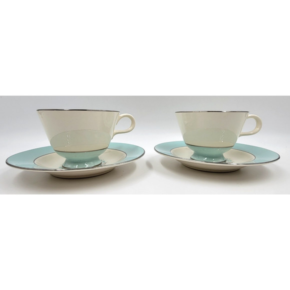 Sevron Powder Blue Lace Tea Coffee Cup Saucer Silver Trim 1950's Set of 2 - Picture 4 of 16